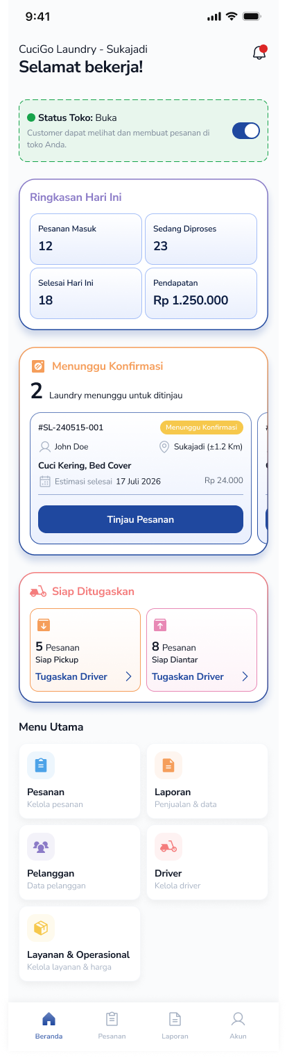 Tampilan aplikasi CuciGo untuk melihat operasional laundry
