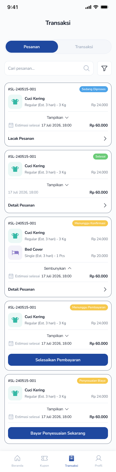 Tampilan daftar pesanan aktif CuciGo